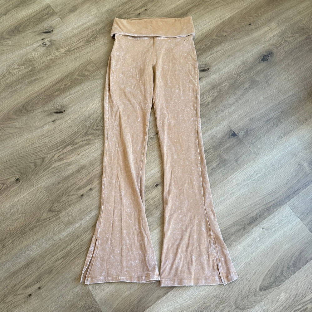 Pink Victoria's Secret Tan Acid Wash Foldover Flare Yoga Pants Small